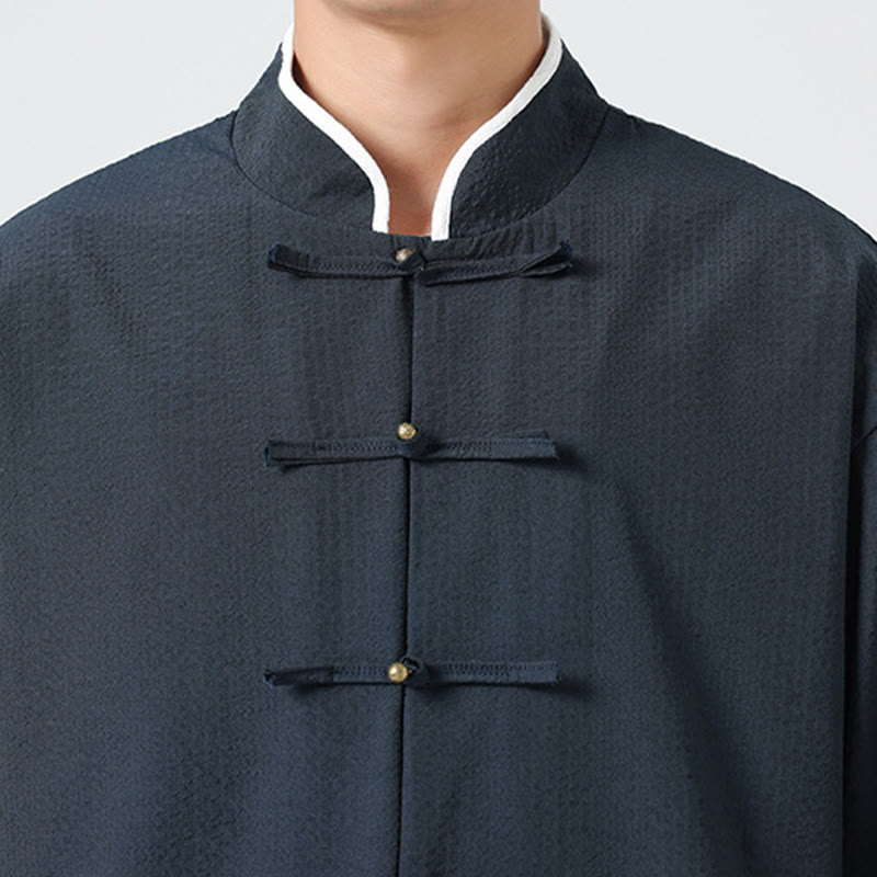 Buddha Stones 春の無地七分袖タンスーツメンズボタンシャツ（ポケット付き） - image 9