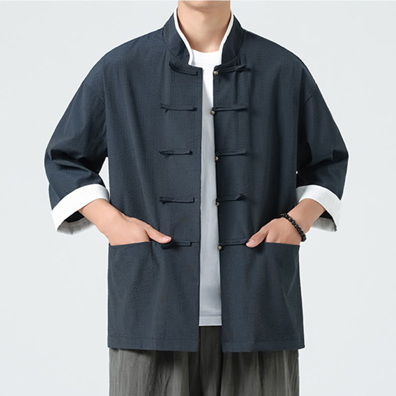 Buddha Stones 春の無地七分袖タンスーツメンズボタンシャツ（ポケット付き） - image 8