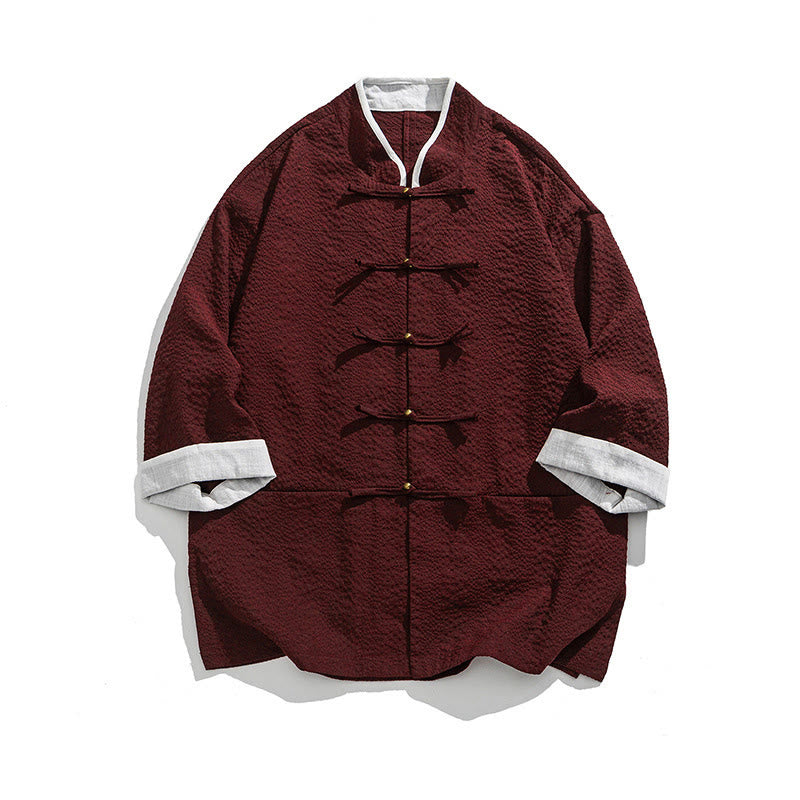 Buddha Stones 春の無地七分袖タンスーツメンズボタンシャツ（ポケット付き） - ダークレッド - US/UK/AU46、 EU56 (5XL) - image 13