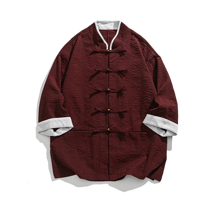 Buddha Stones 春の無地七分袖タンスーツメンズボタンシャツ（ポケット付き） - ダークレッド - US/UK/AU46、 EU56 (5XL) - image 13