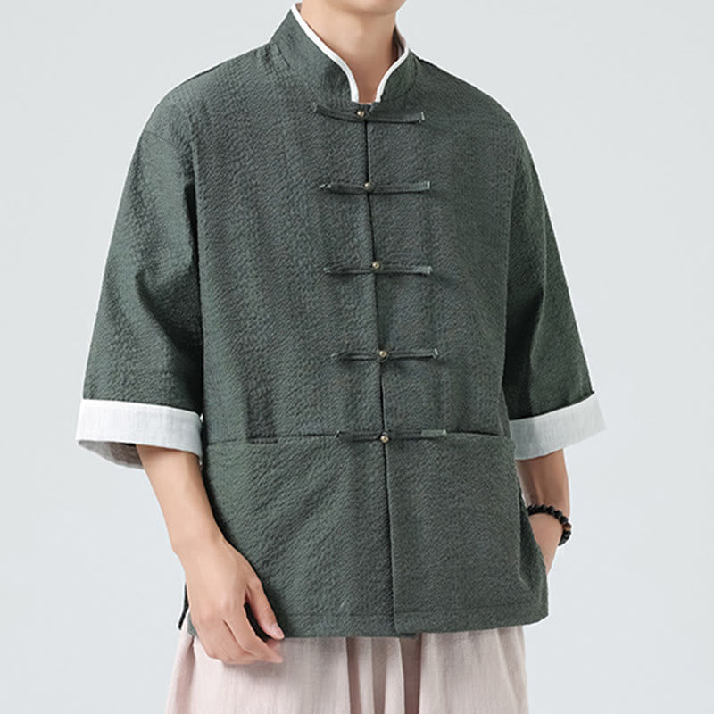 Buddha Stones 春の無地七分袖タンスーツメンズボタンシャツ（ポケット付き） - image 24