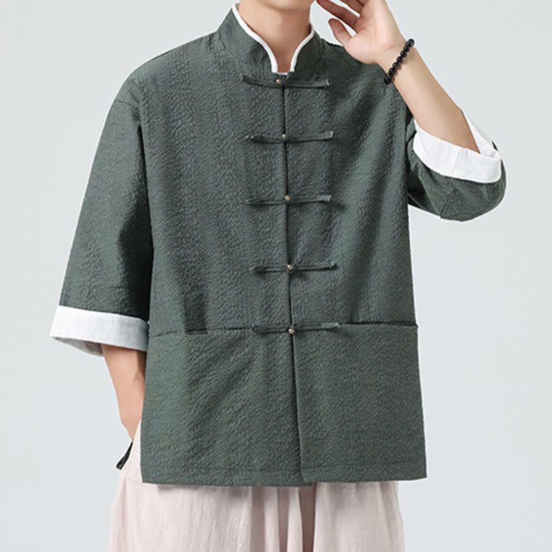 Buddha Stones 春の無地七分袖タンスーツメンズボタンシャツ（ポケット付き） - image 25