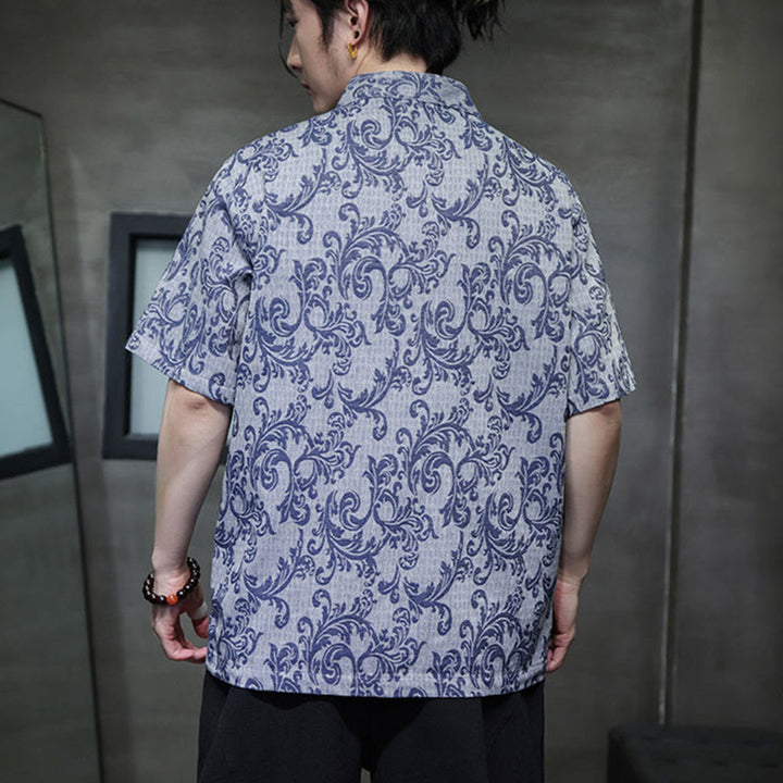 Buddha Stones 夏用花柄つる柄タンスーツ メンズ フロッグボタン 半袖シャツ ポケット付き - image 1