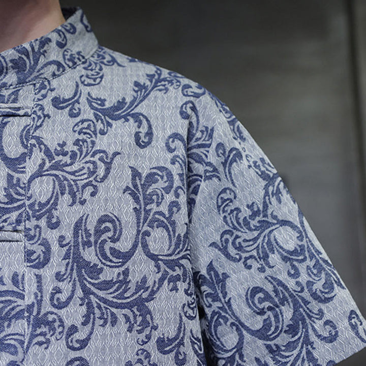 Buddha Stones 夏用花柄つる柄タンスーツ メンズ フロッグボタン 半袖シャツ ポケット付き - image 11