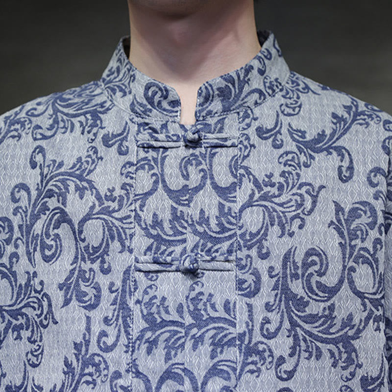 Buddha Stones 夏用花柄つる柄タンスーツ メンズ フロッグボタン 半袖シャツ ポケット付き - image 10