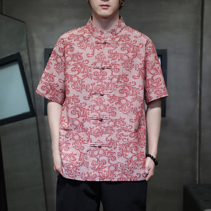 Buddha Stones 夏用花柄つる柄タンスーツ メンズ フロッグボタン 半袖シャツ ポケット付き - image 18