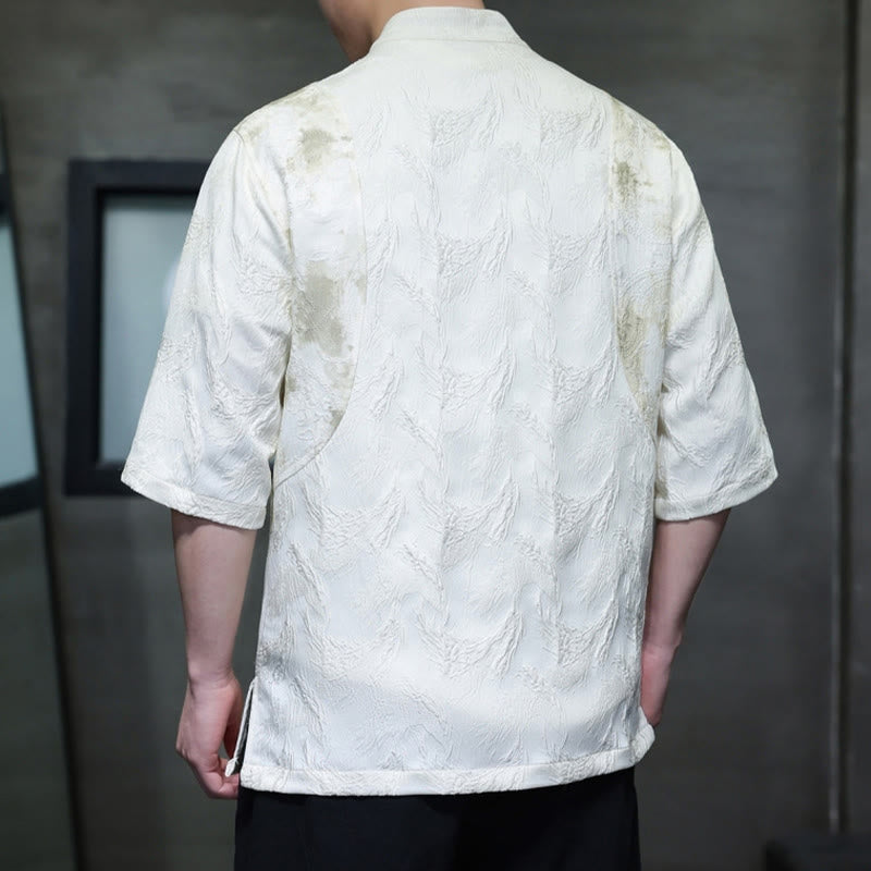 Buddha Stones テクスチャードジャカード八卦柄ボタンタンスーツメンズ半袖コットンシャツ - image 2