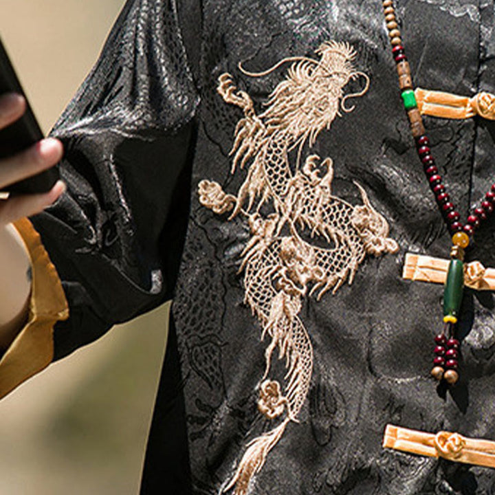 Buddha Stones 刺繍入りドラゴン柄カラーブロックデザイン 唐装メンズ フロッグボタン 半袖シャツ - image 20