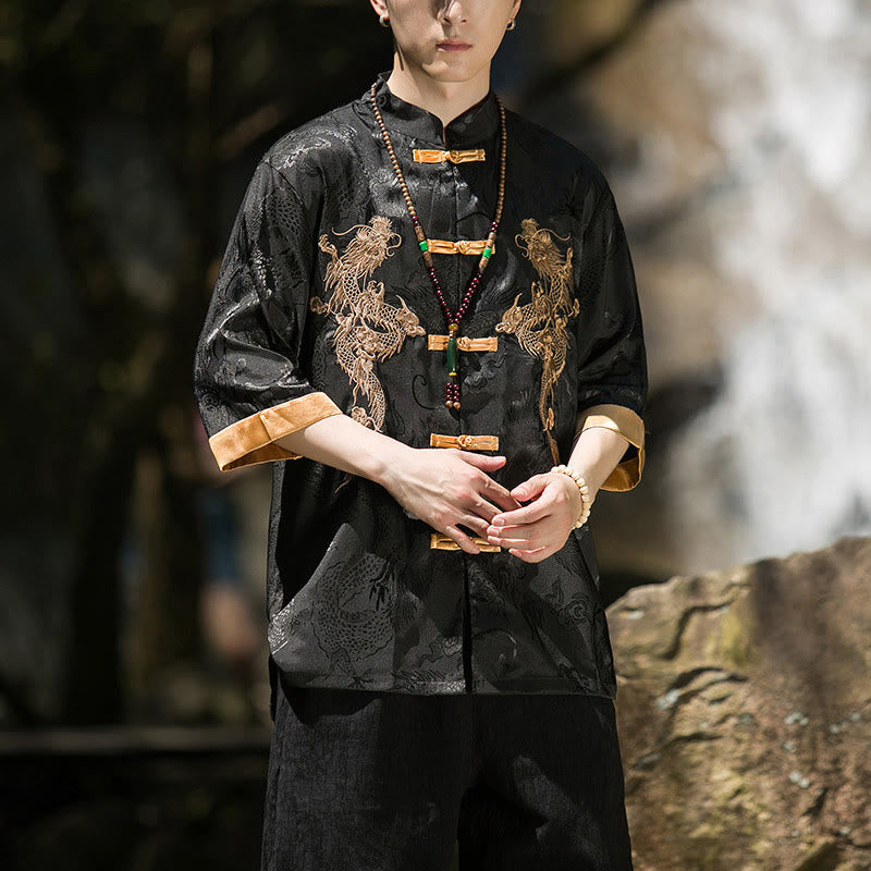 Buddha Stones 刺繍入りドラゴン柄カラーブロックデザイン 唐装メンズ フロッグボタン 半袖シャツ - image 12