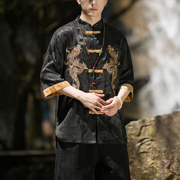 Buddha Stones 刺繍入りドラゴン柄カラーブロックデザイン 唐装メンズ フロッグボタン 半袖シャツ - image 12