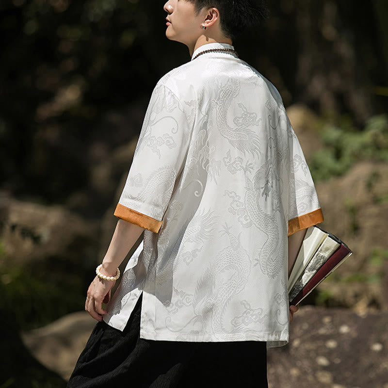 Buddha Stones 刺繍入りドラゴン柄カラーブロックデザイン 唐装メンズ フロッグボタン 半袖シャツ - image 2