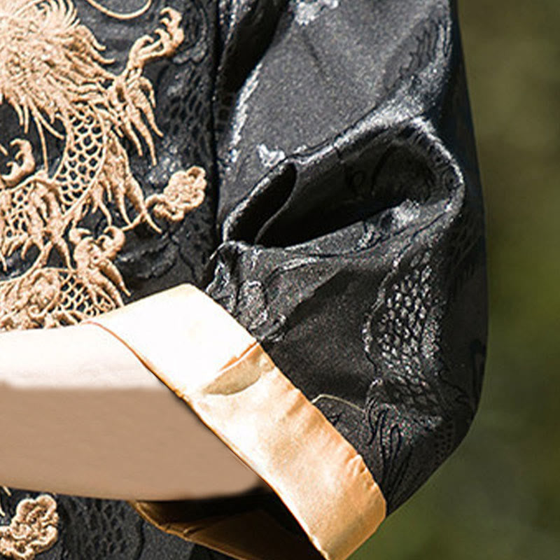 Buddha Stones 刺繍入りドラゴン柄カラーブロックデザイン 唐装メンズ フロッグボタン 半袖シャツ - image 21