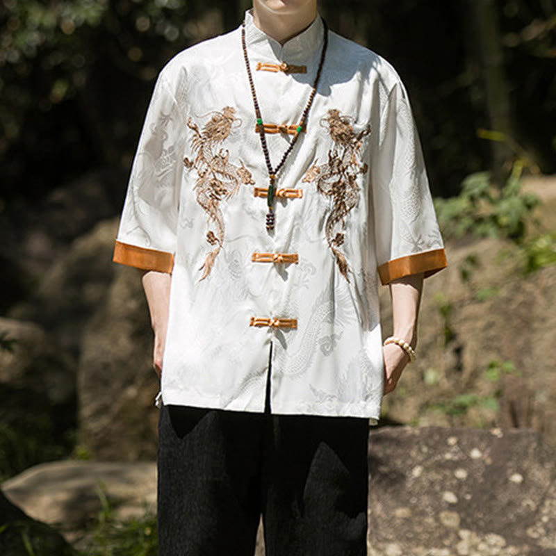 Buddha Stones 刺繍入りドラゴン柄カラーブロックデザイン 唐装メンズ フロッグボタン 半袖シャツ - image 4