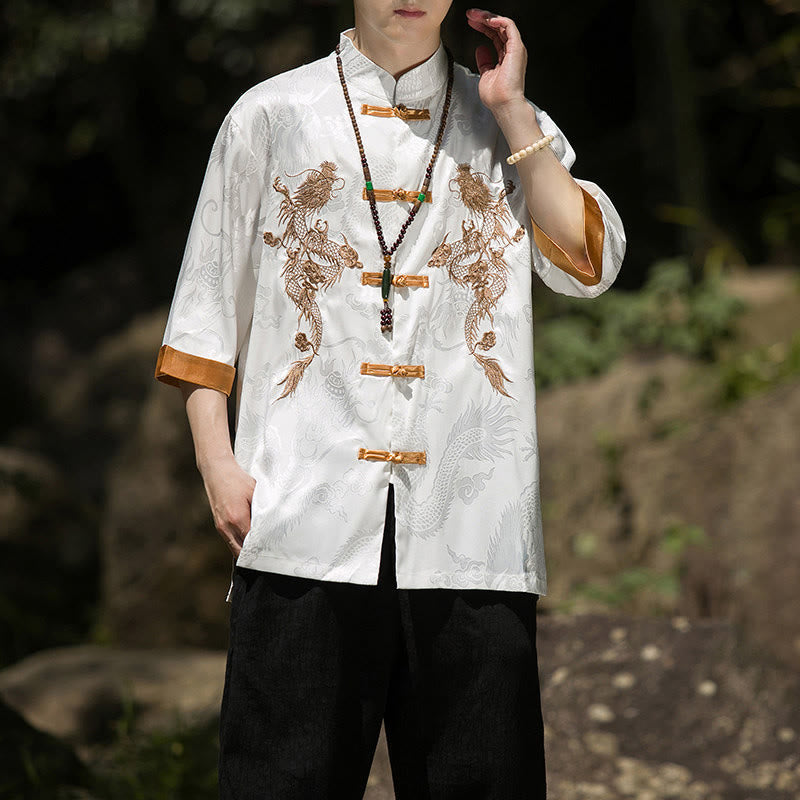 Buddha Stones 刺繍入りドラゴン柄カラーブロックデザイン 唐装メンズ フロッグボタン 半袖シャツ - image 6