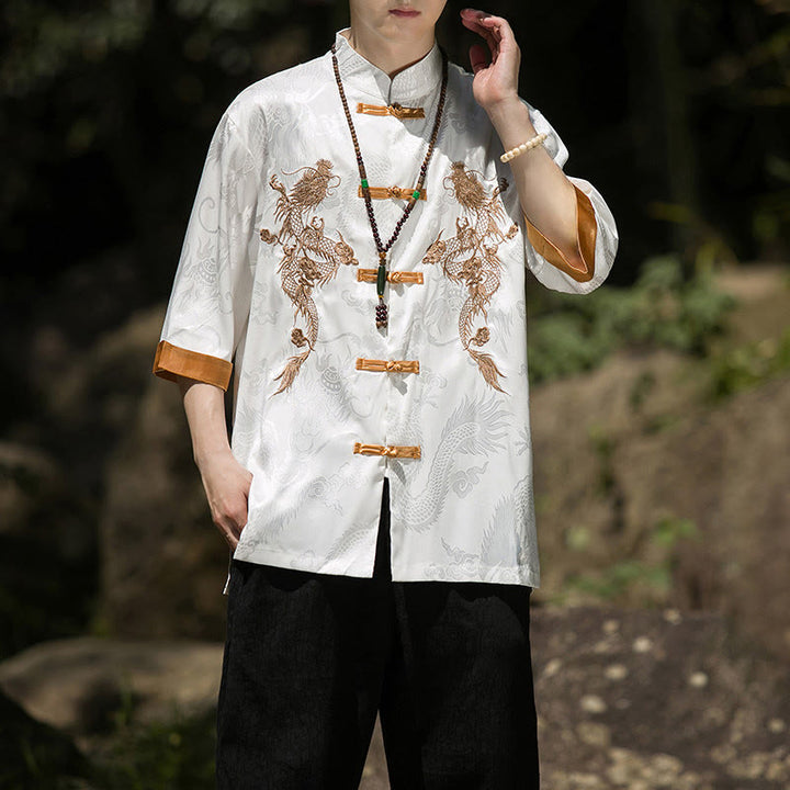 Buddha Stones 刺繍入りドラゴン柄カラーブロックデザイン 唐装メンズ フロッグボタン 半袖シャツ - image 6