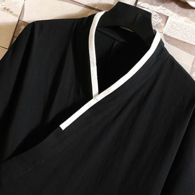 Buddha Stones 刺繍鶴吉祥雲柄前開き半袖ジャケットメンズ綿着物 - image 6