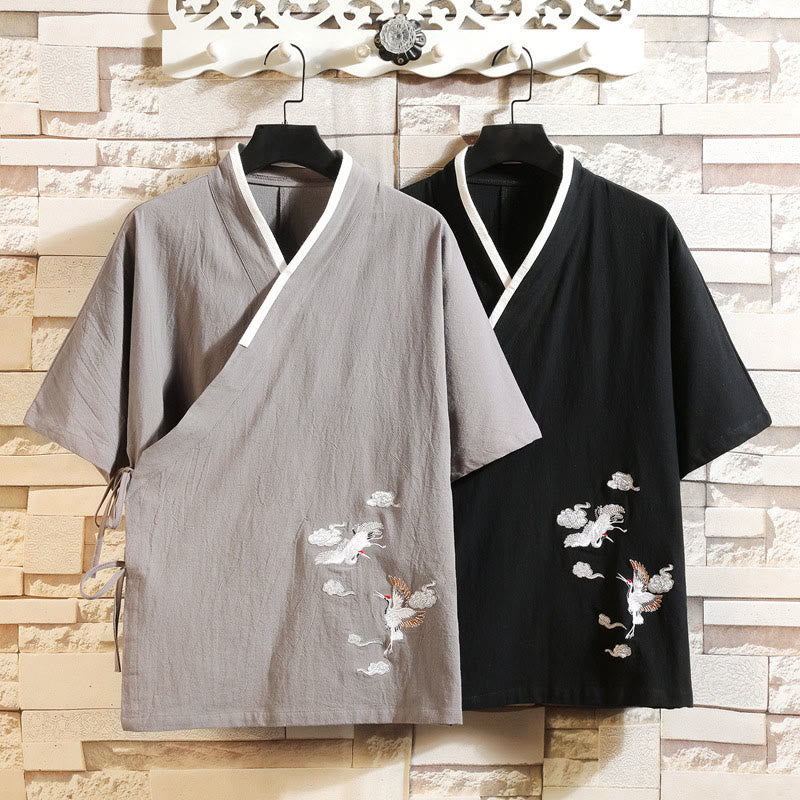 Buddha Stones 刺繍鶴吉祥雲柄前開き半袖ジャケットメンズ綿着物 - image 15