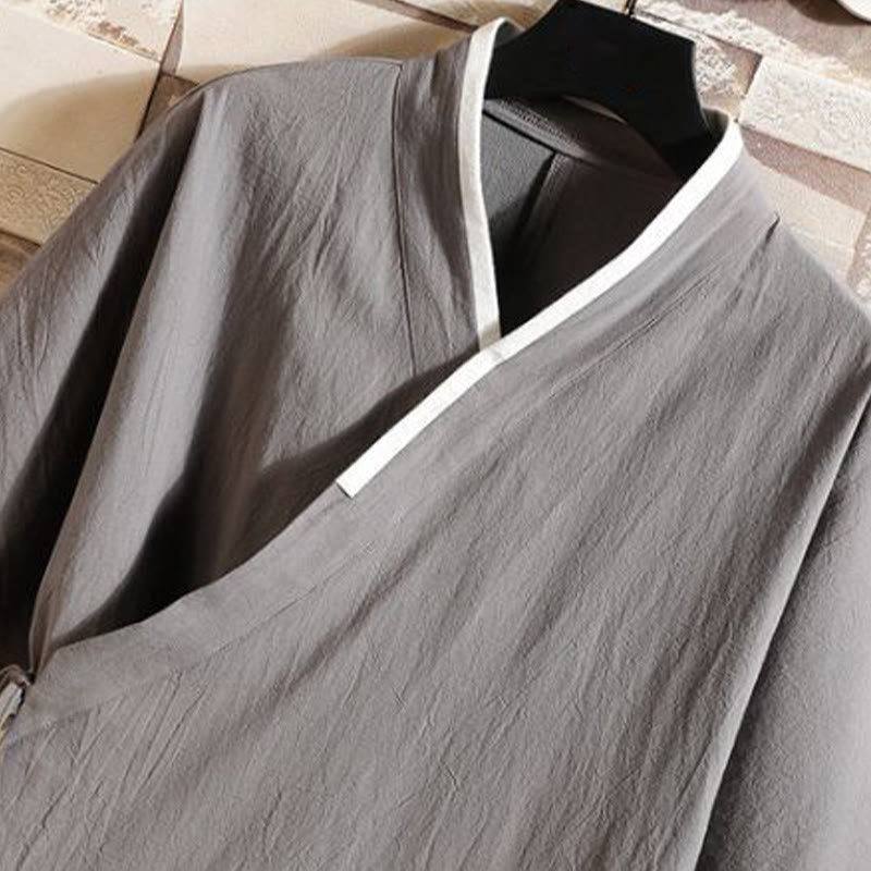 Buddha Stones 刺繍鶴吉祥雲柄前開き半袖ジャケットメンズ綿着物 - image 3