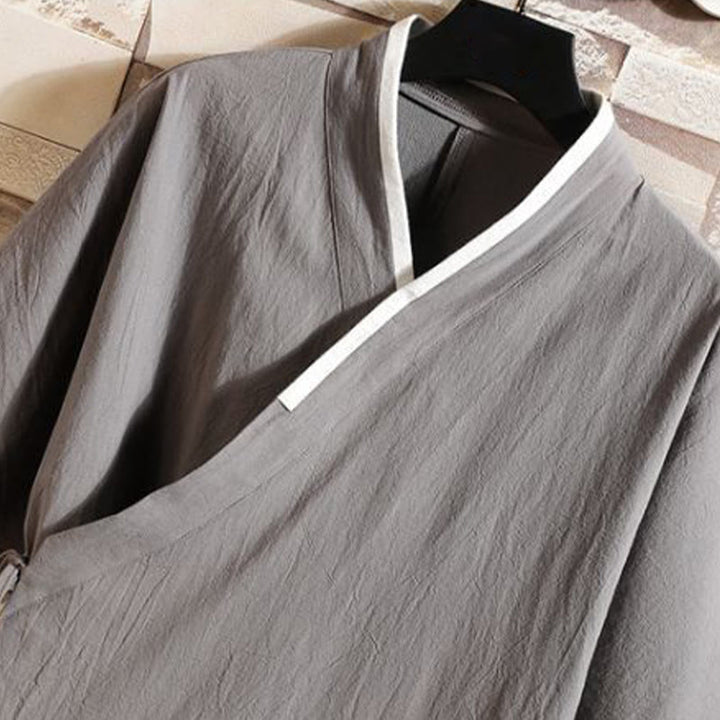 Buddha Stones 刺繍鶴吉祥雲柄前開き半袖ジャケットメンズ綿着物 - image 3