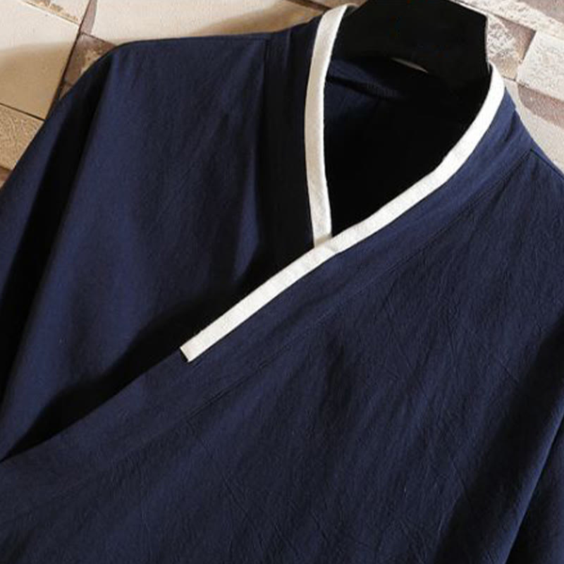 Buddha Stones 刺繍鶴吉祥雲柄前開き半袖ジャケットメンズ綿着物 - image 1