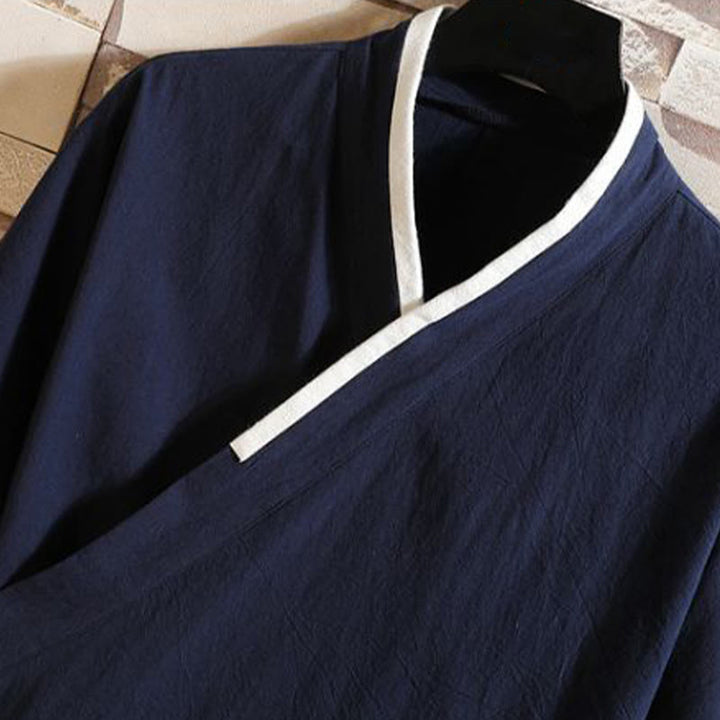 Buddha Stones 刺繍鶴吉祥雲柄前開き半袖ジャケットメンズ綿着物 - image 1