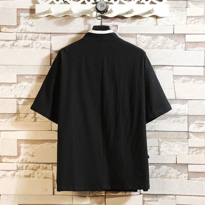 Buddha Stones 刺繍鶴吉祥雲柄前開き半袖ジャケットメンズ綿着物 - image 5