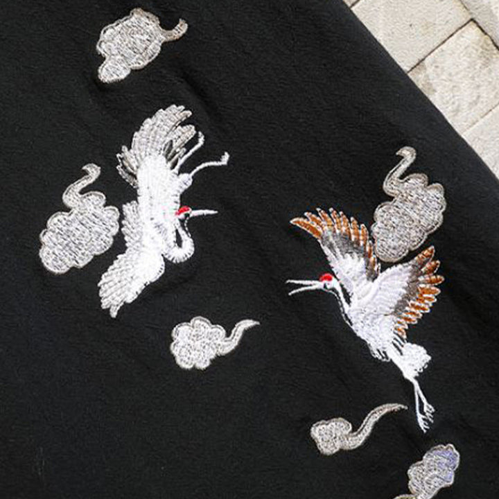 Buddha Stones 刺繍鶴吉祥雲柄前開き半袖ジャケットメンズ綿着物 - image 10