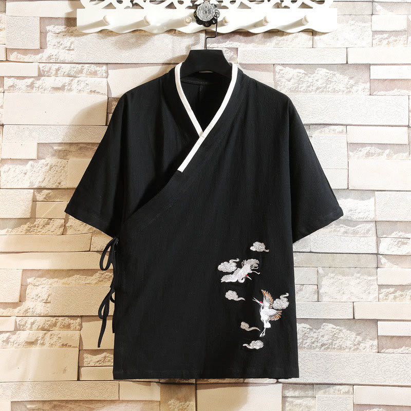 Buddha Stones 刺繍鶴吉祥雲柄前開き半袖ジャケットメンズ綿着物 - 黒 - US/UK/AU46、 EU56 (5XL) - image 4