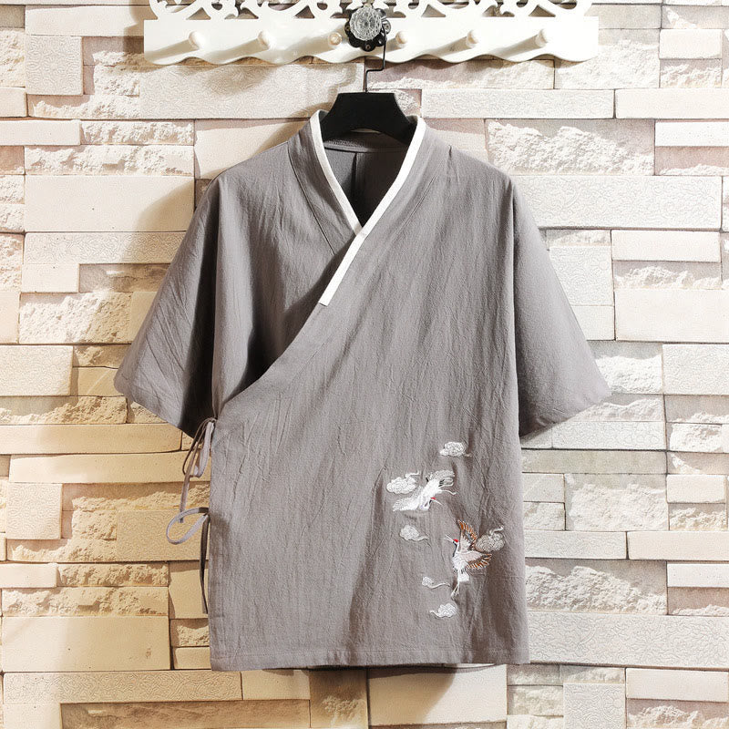 Buddha Stones 刺繍鶴吉祥雲柄前開き半袖ジャケットメンズ綿着物 - ダークグレー - US/UK/AU46、 EU56 (5XL) - image 2