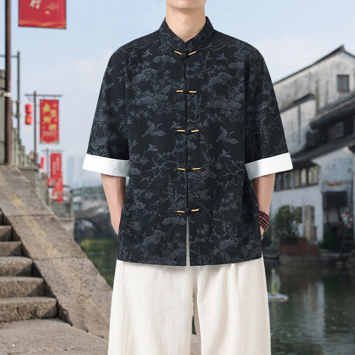 Buddha Stones 夏用 鶴 松 柄 唐装 メンズ フロッグボタン 半袖 コットンシャツ ポケット付き - 黒 - US/UK/AU46、 EU56 (5XL) - image 0