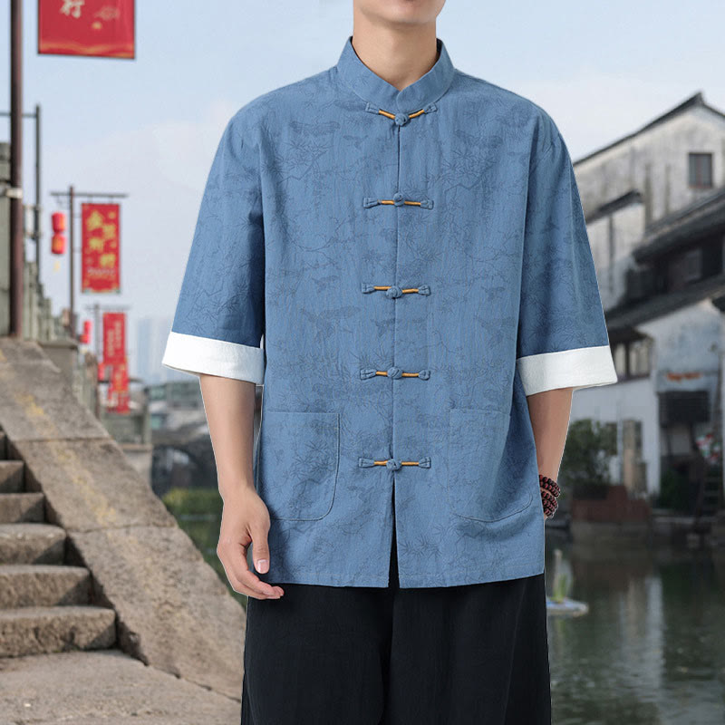 Buddha Stones 夏用 鶴 松 柄 唐装 メンズ フロッグボタン 半袖 コットンシャツ ポケット付き - ライトスカイブルー - US/UK/AU46、 EU56 (5XL) - image 14