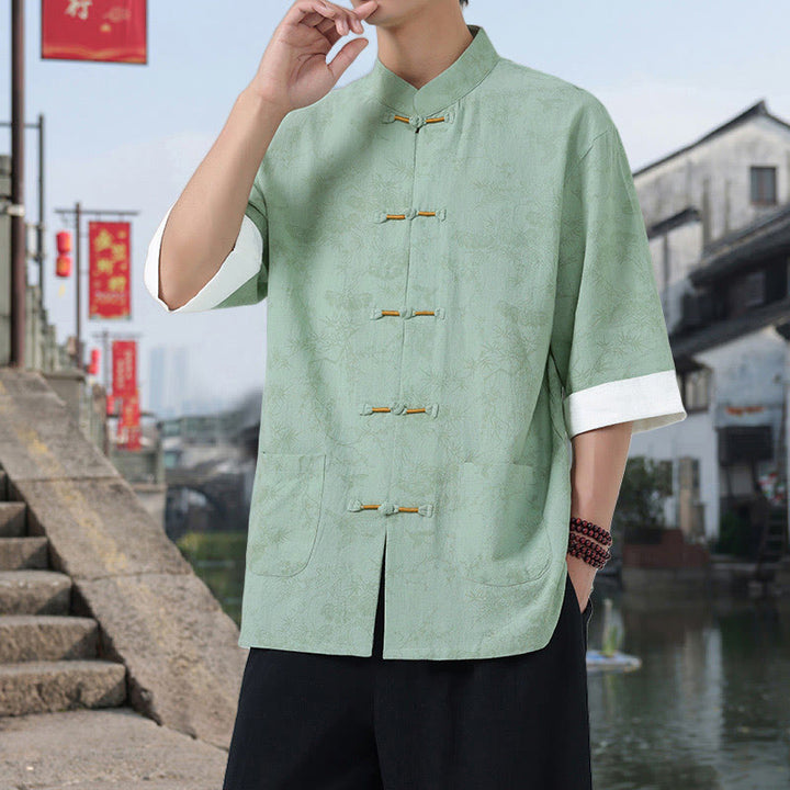 Buddha Stones 夏用 鶴 松 柄 唐装 メンズ フロッグボタン 半袖 コットンシャツ ポケット付き - ペールグリーン - US/UK/AU46、 EU56 (5XL) - image 12