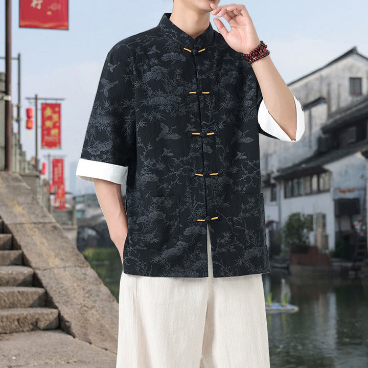 Buddha Stones 夏用 鶴 松 柄 唐装 メンズ フロッグボタン 半袖 コットンシャツ ポケット付き - image 2