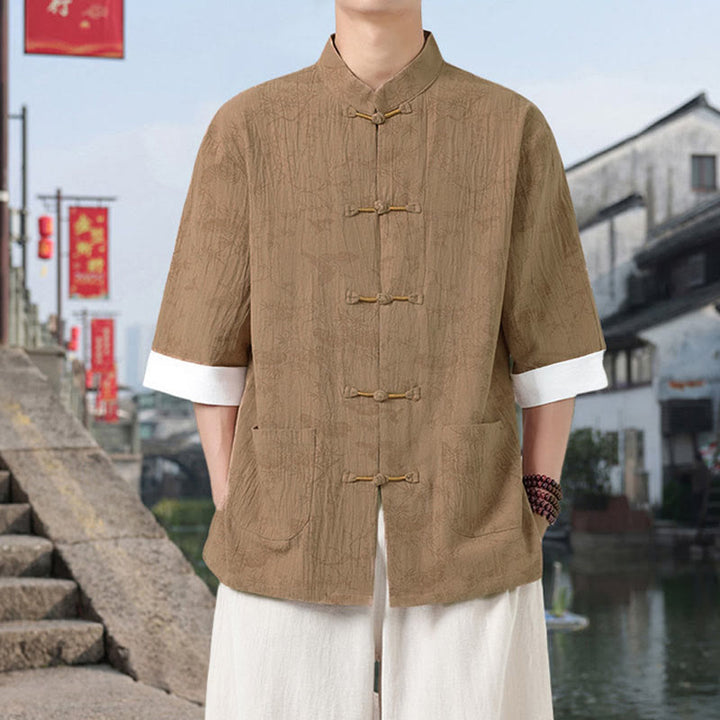 Buddha Stones 夏用 鶴 松 柄 唐装 メンズ フロッグボタン 半袖 コットンシャツ ポケット付き - image 10