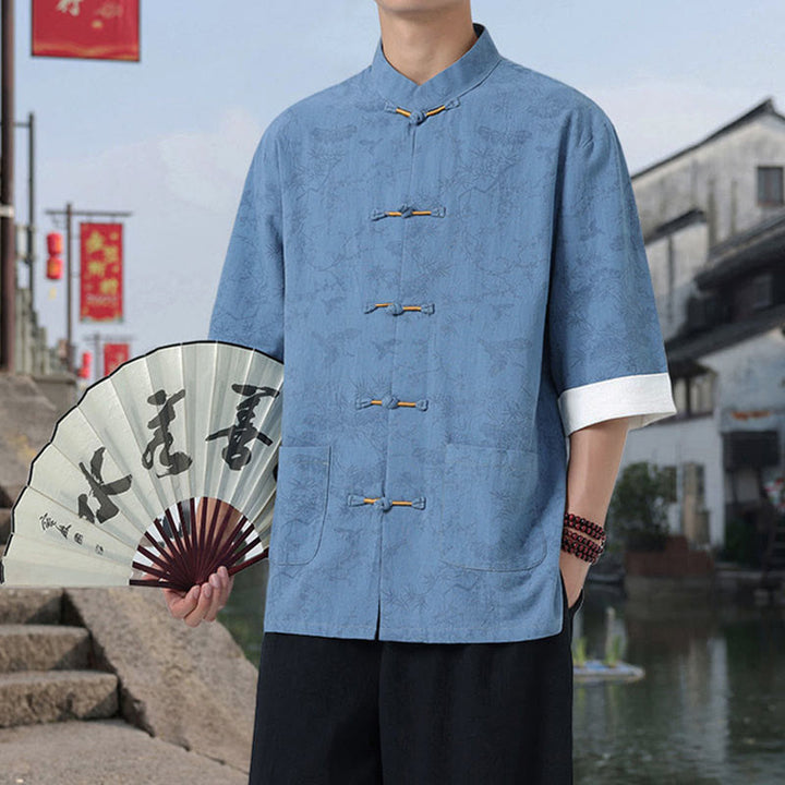 Buddha Stones 夏用 鶴 松 柄 唐装 メンズ フロッグボタン 半袖 コットンシャツ ポケット付き - image 15