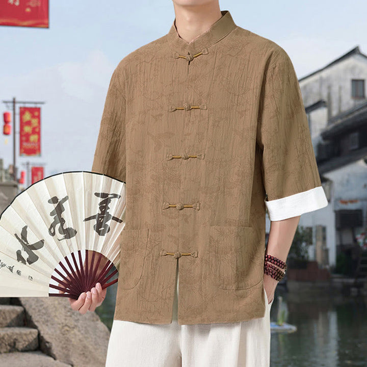 Buddha Stones 夏用 鶴 松 柄 唐装 メンズ フロッグボタン 半袖 コットンシャツ ポケット付き - image 8