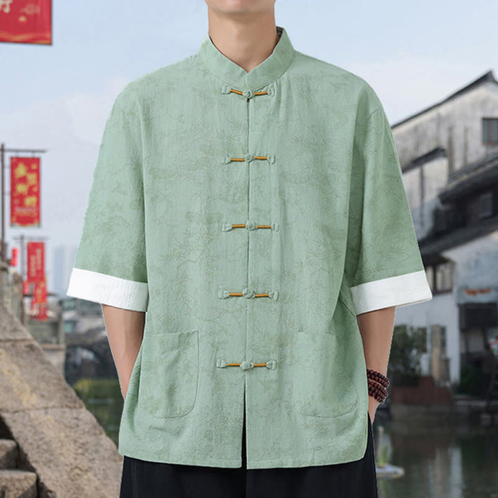 Buddha Stones 夏用 鶴 松 柄 唐装 メンズ フロッグボタン 半袖 コットンシャツ ポケット付き - image 13