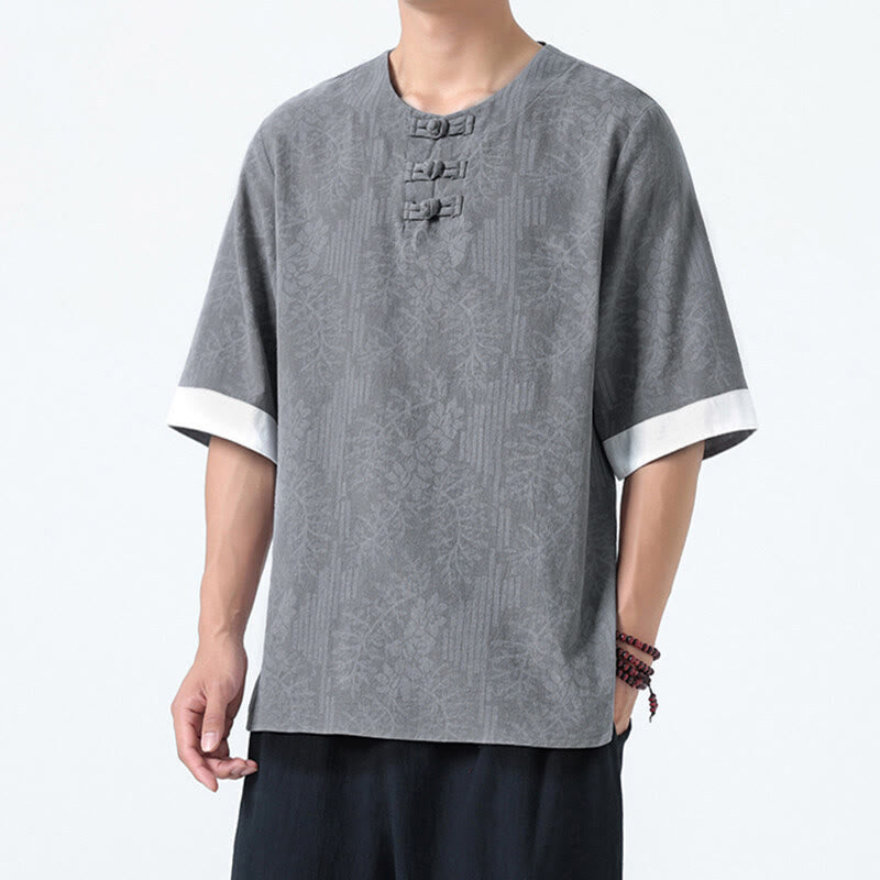 Buddha Stones 夏の花と草の模様の唐装メンズフロッグボタン半袖コットンシャツ - ライトグレー - US/UK/AU46、 EU56 (5XL) - image 3