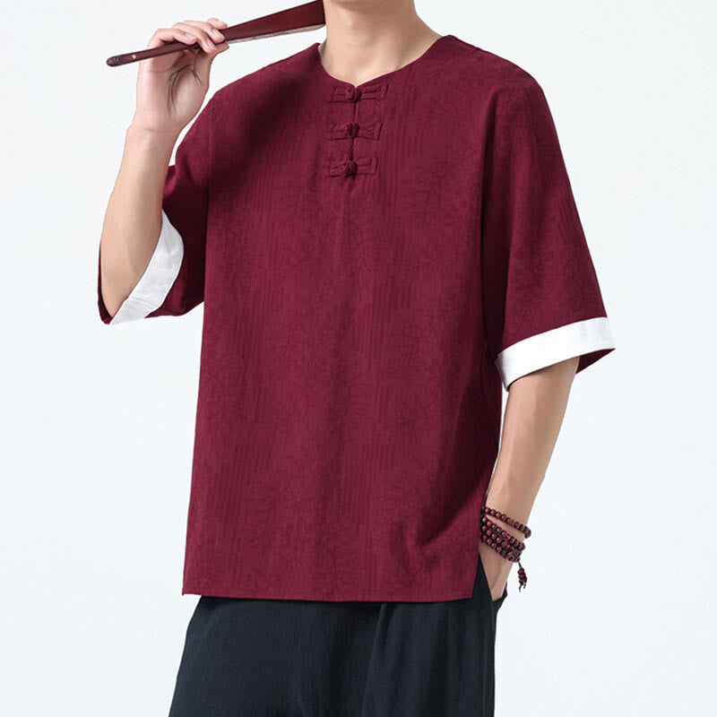 Buddha Stones 夏の花と草の模様の唐装メンズフロッグボタン半袖コットンシャツ - マルーン - US/UK/AU46、 EU56 (5XL) - image 14