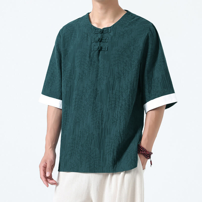 Buddha Stones 夏の花と草の模様の唐装メンズフロッグボタン半袖コットンシャツ - image 1