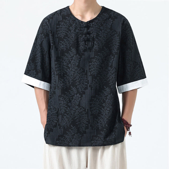 Buddha Stones 夏の花と草の模様の唐装メンズフロッグボタン半袖コットンシャツ - 黒 - US/UK/AU46、 EU56 (5XL) - image 11