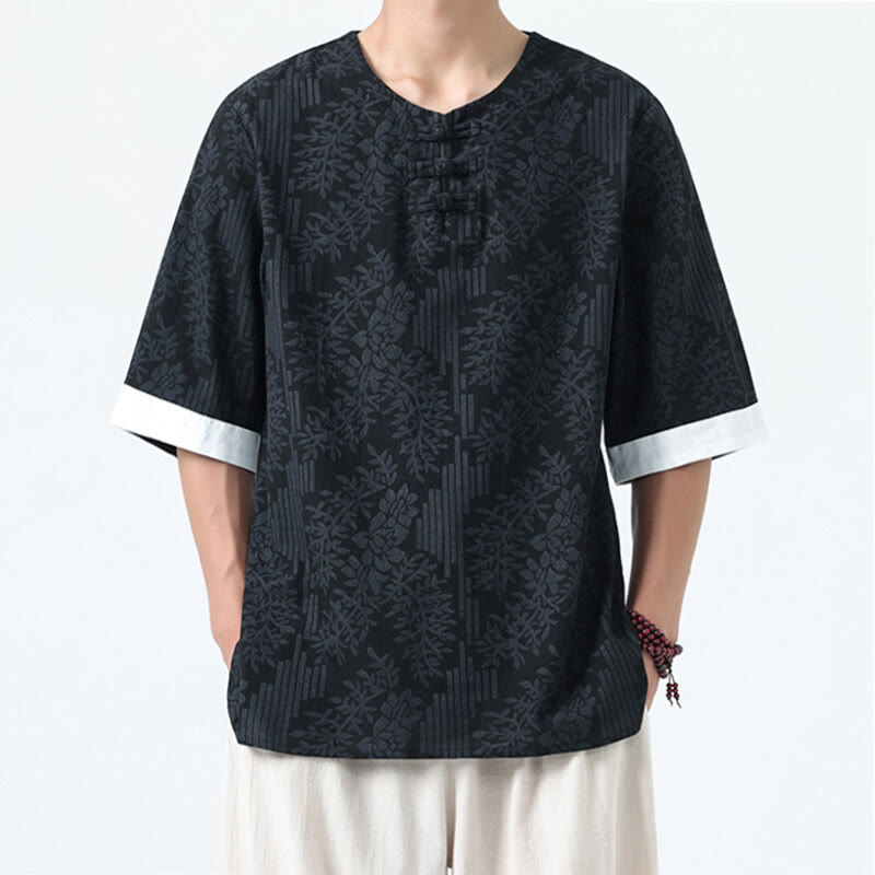 Buddha Stones 夏の花と草の模様の唐装メンズフロッグボタン半袖コットンシャツ - 黒 - US/UK/AU46、 EU56 (5XL) - image 11