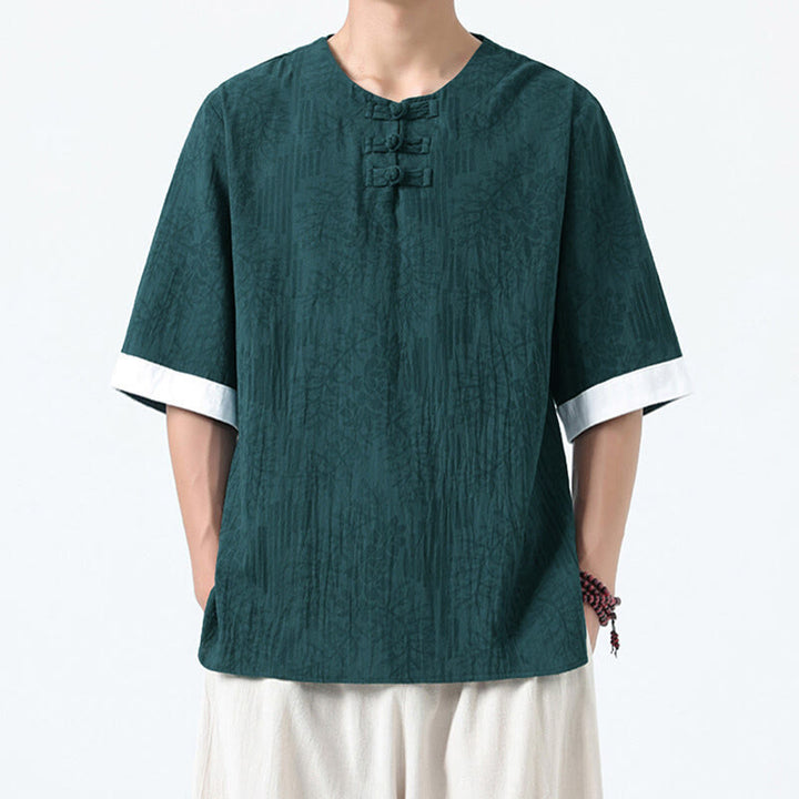 Buddha Stones 夏の花と草の模様の唐装メンズフロッグボタン半袖コットンシャツ - ダークシアン - US/UK/AU46、 EU56 (5XL) - image 0