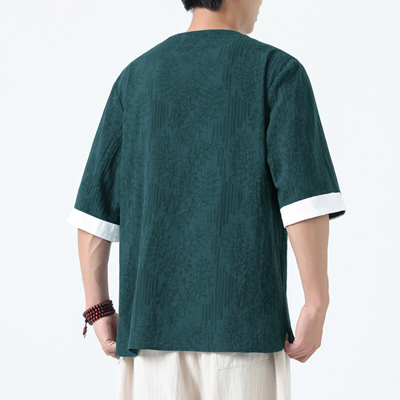 Buddha Stones 夏の花と草の模様の唐装メンズフロッグボタン半袖コットンシャツ - image 2