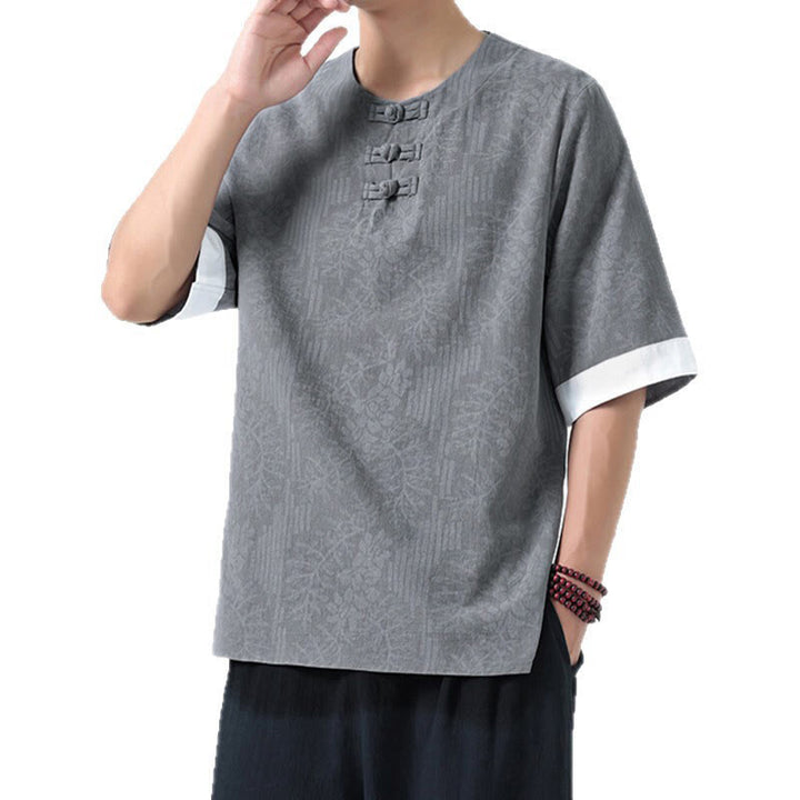 Buddha Stones 夏の花と草の模様の唐装メンズフロッグボタン半袖コットンシャツ - image 6