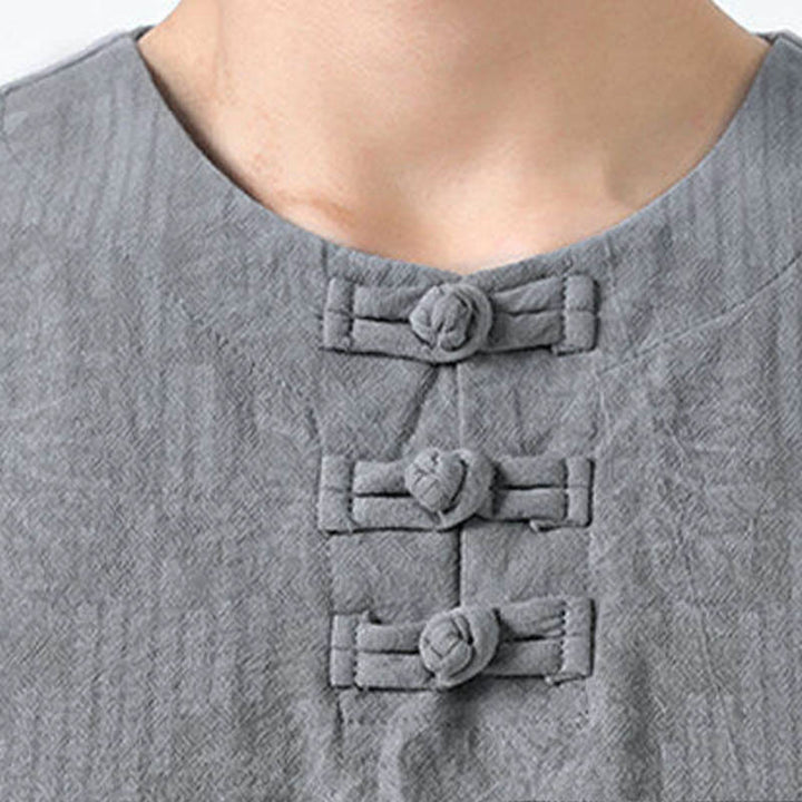 Buddha Stones 夏の花と草の模様の唐装メンズフロッグボタン半袖コットンシャツ - image 7