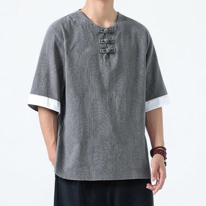 Buddha Stones 夏の花と草の模様の唐装メンズフロッグボタン半袖コットンシャツ - image 5