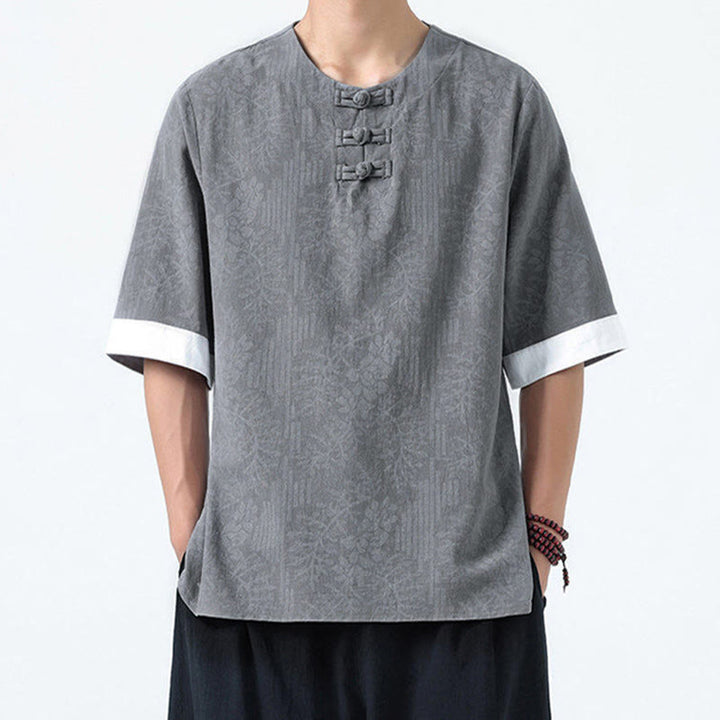 Buddha Stones 夏の花と草の模様の唐装メンズフロッグボタン半袖コットンシャツ - image 4