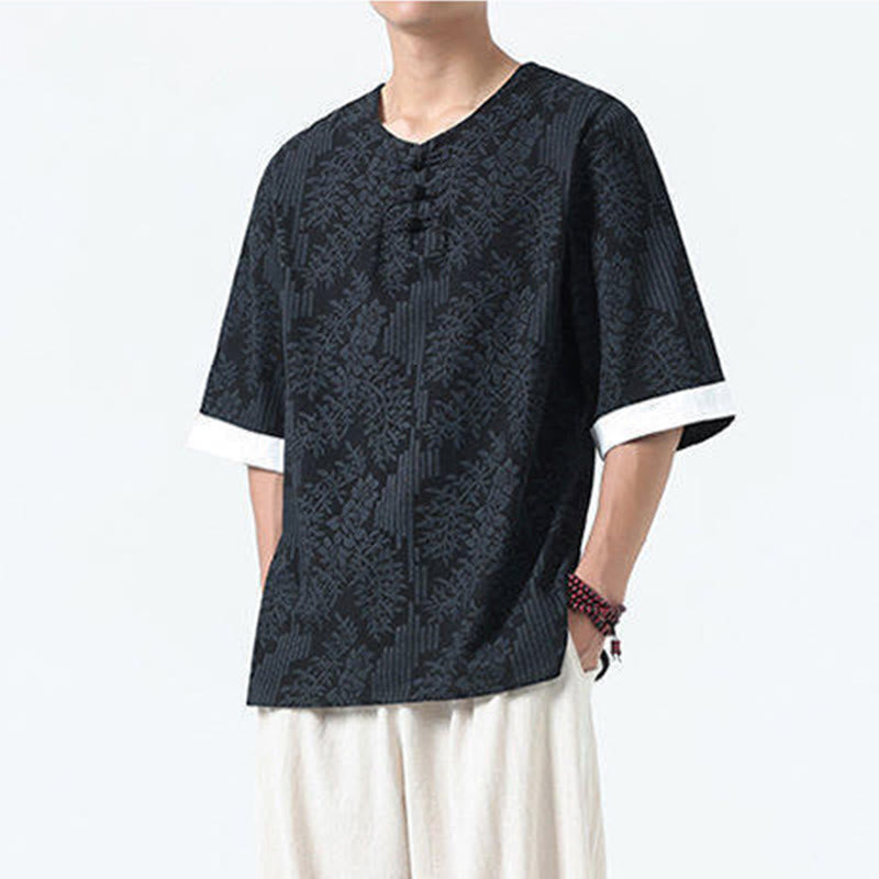 Buddha Stones 夏の花と草の模様の唐装メンズフロッグボタン半袖コットンシャツ - image 13