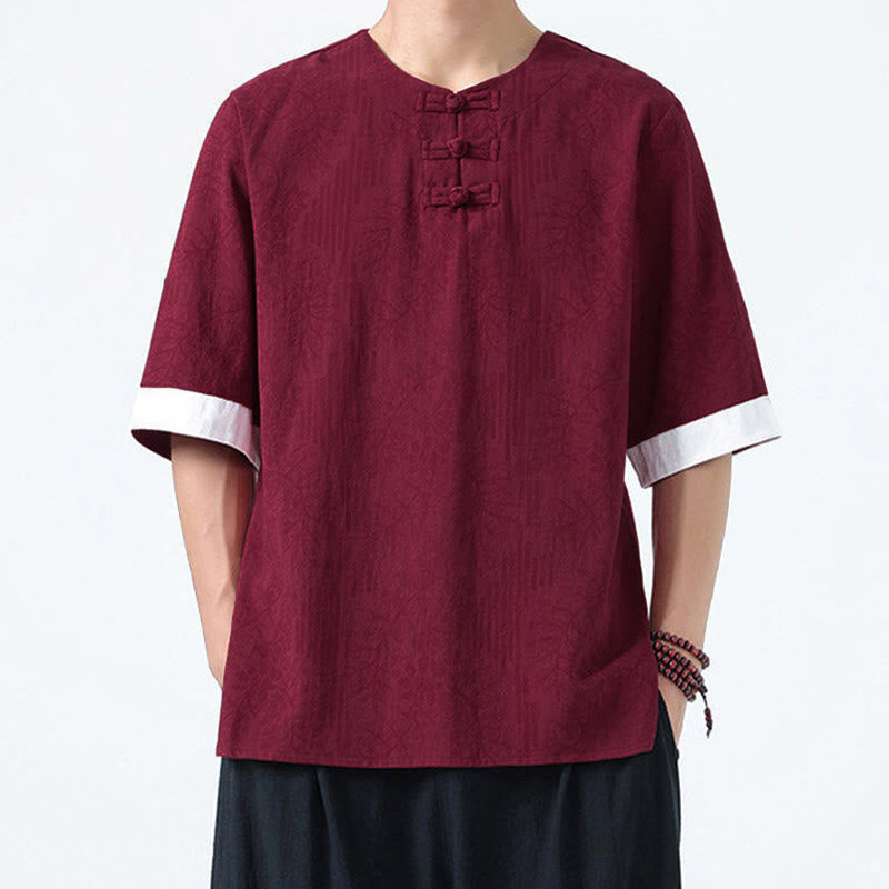 Buddha Stones 夏の花と草の模様の唐装メンズフロッグボタン半袖コットンシャツ - image 16